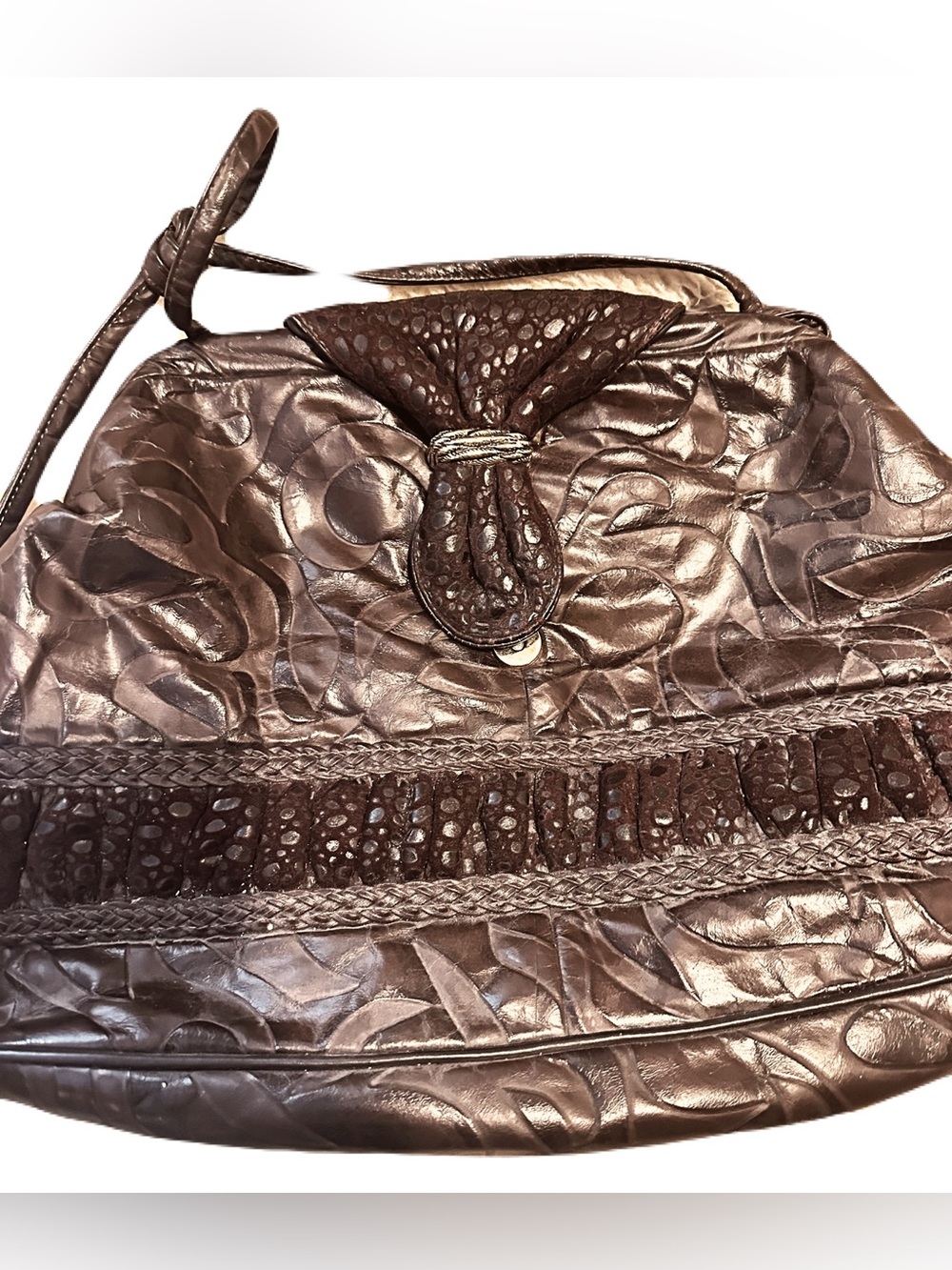 MIMO Sac - Brown Textured Shoulder Bag with Braided & Fringe Accent